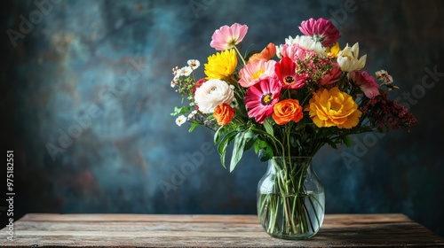 Wallpaper Mural Beautifully arranged bouquet of mixed flowers in a glass vase on a wooden table Torontodigital.ca