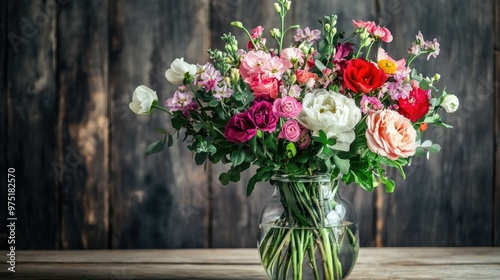 Beautifully arranged bouquet of mixed flowers in a glass vase on a wooden table