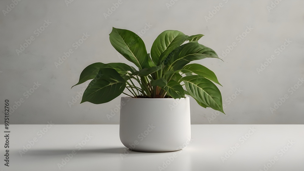 A green leafy plant in a minimalist white pot.