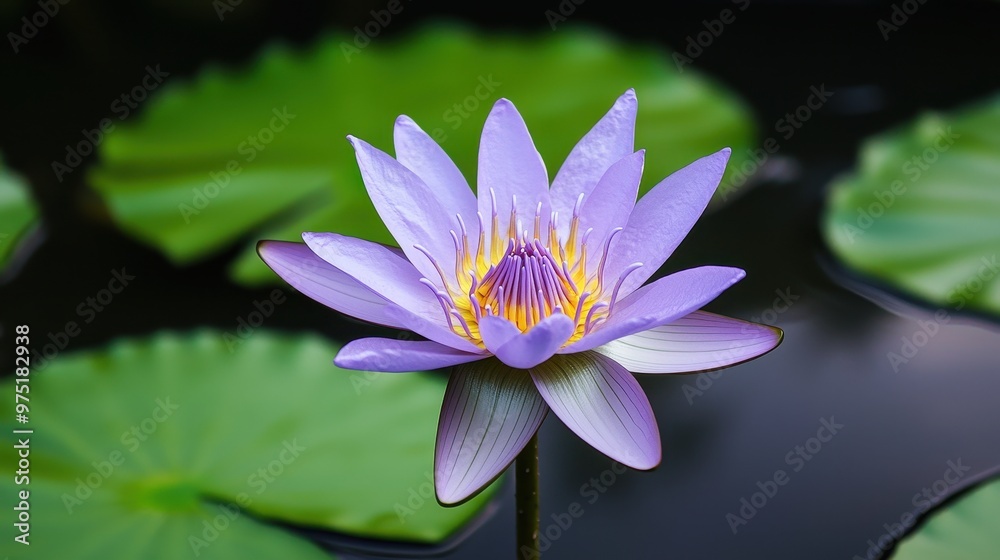 Purple Water Lily Flower Blooming on Green Lily Pads in Pond