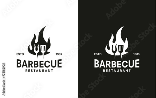 Barbeque logo design. grill food, fire, and spatula concept template Vector flat illustration