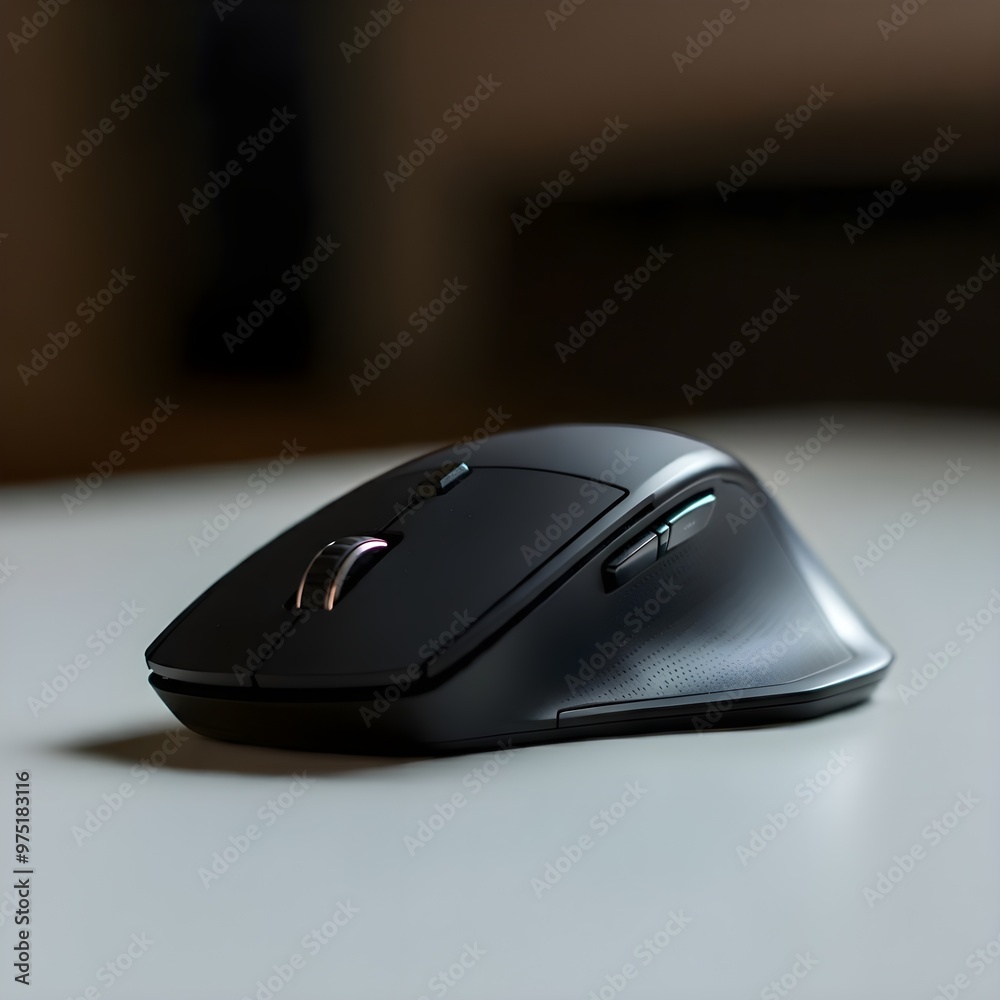 A modern black wireless mouse, sleek and smooth, resting on a flat white surface.