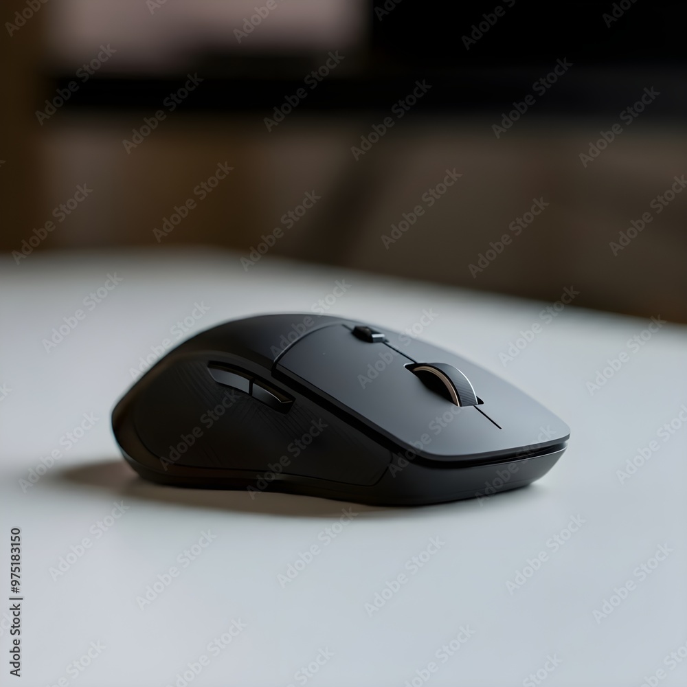 A modern black wireless mouse, sleek and smooth, resting on a flat white surface. A modern black wireless mouse, sleek and smooth, resting on a flat white surface.