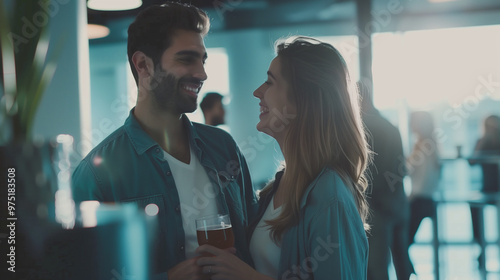 Wallpaper Mural Modern office couple discreetly exchanging smiles during break, capturing subtle workplace romance and connection amidst blurred coworkers Torontodigital.ca