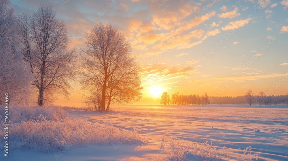 A chilly winter sunrise illuminates the frosty morning landscape with natural beauty A chilly winter sunrise illuminates the frosty morning landscape with natural beauty