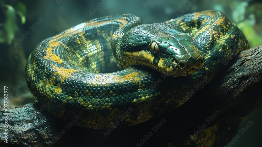 A vibrant green and yellow snake resting on a tree branch.