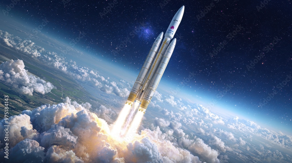 Fototapeta premium Space Rocket Launch Through Clouds Against Starry Sky