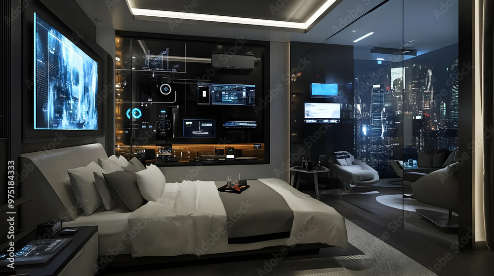 Futuristic Smart Home Bedroom Interior Design - 3D Illustration Futuristic Smart Home Bedroom Interior Design - 3D Illustration