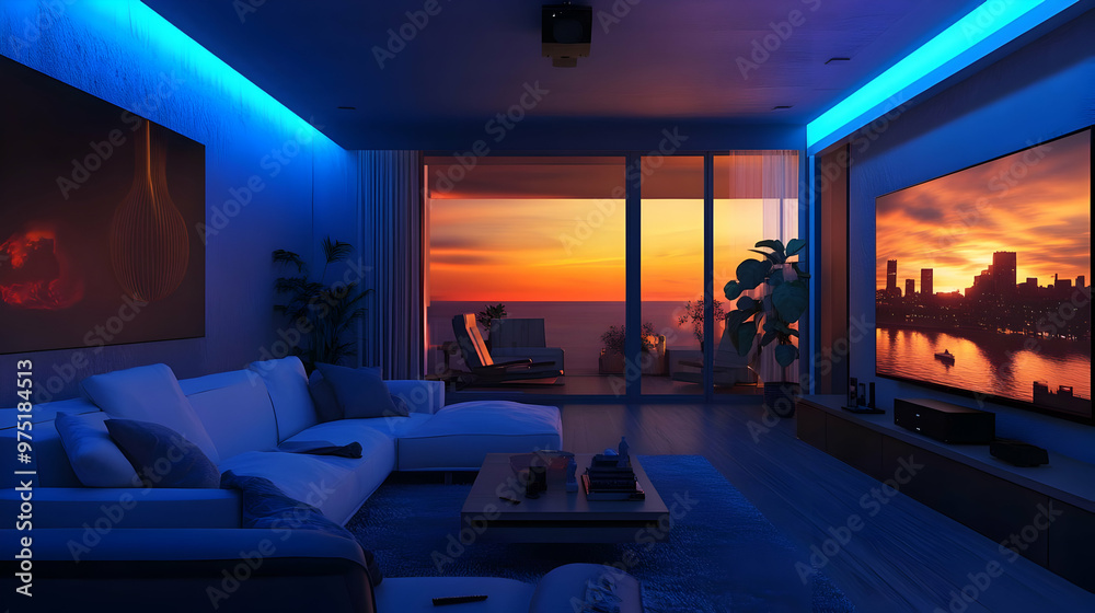 Fototapeta premium Modern Living Room with Sunset View 3D Illustration
