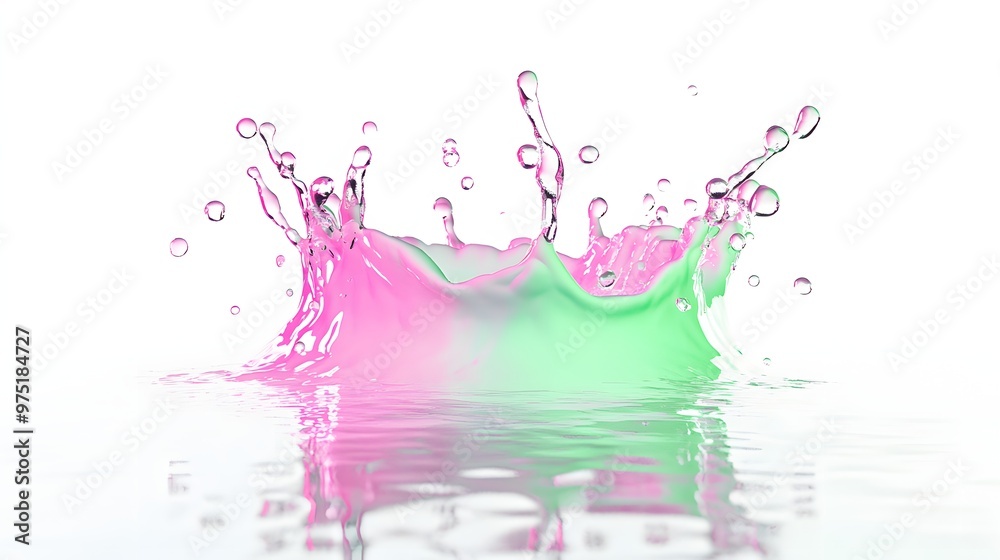 91. **A 3D render of a water splash in neon green and pink hues, isolated on a pristine white background 91. **A 3D render of a water splash in neon green and pink hues, isolated on a pristine white background