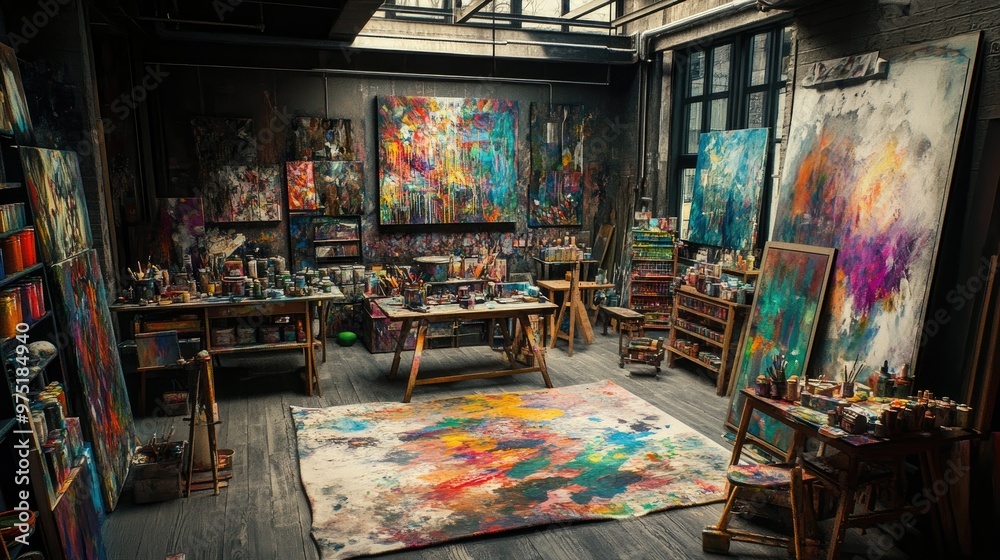 Obraz premium Creative artist studio with vibrant paints canvases and an inspiring workspace