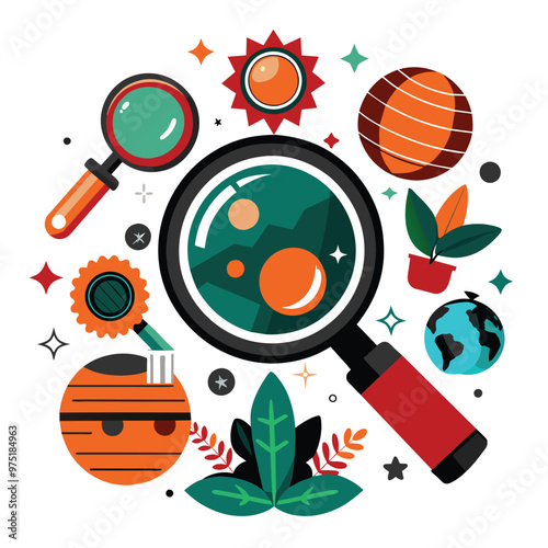 Colorful illustrations depict various planetary objects and a magnifying glass emphasizing the theme of curiosity and exploration in a vector design style