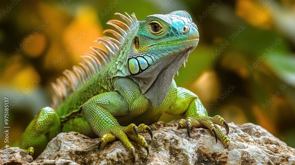 Obraz premium A vibrant green iguana perched on a rock amidst foliage.