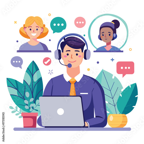 A customer service professional is responding to clients via a laptop showcasing vibrant interactions with illustrated clients in a friendly environment