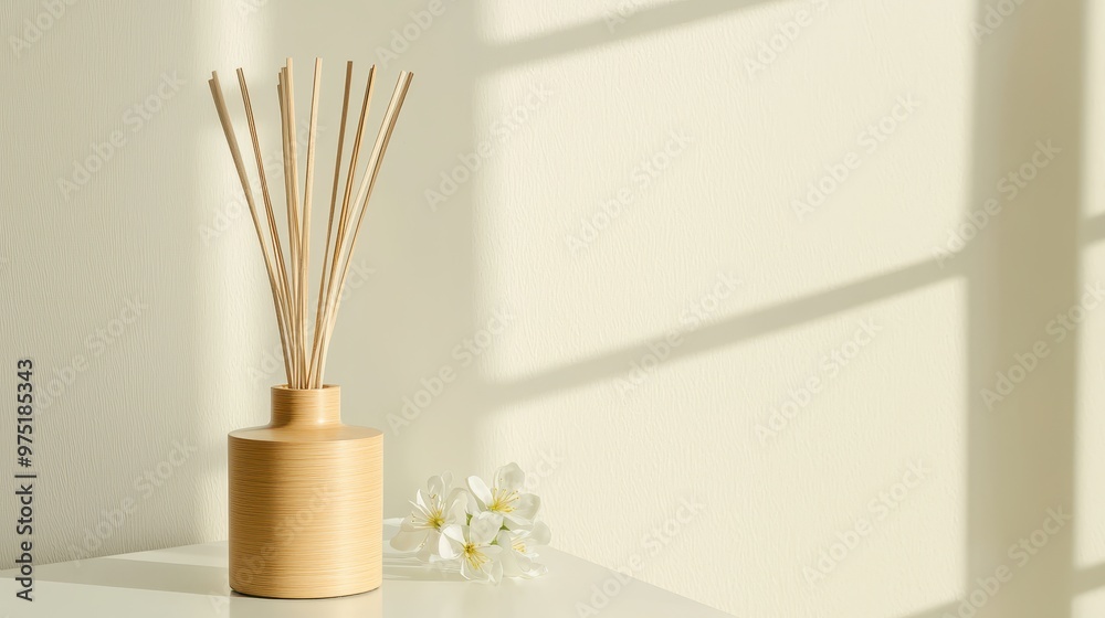 Wooden Diffuser Sticks With White Flowers On A White Table With Sunlight Shadow Wooden Diffuser Sticks With White Flowers On A White Table With Sunlight Shadow