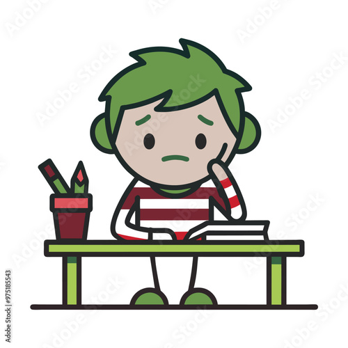 A cute little boy is looking tired with his hand on his cheek seated at a desk with books and pencils feeling exhausted from studying