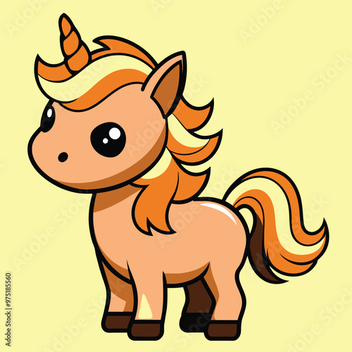 A delightful unicorn with a flowing golden mane stands playfully against a light yellow background offering a whimsical touch ideal for kids themes