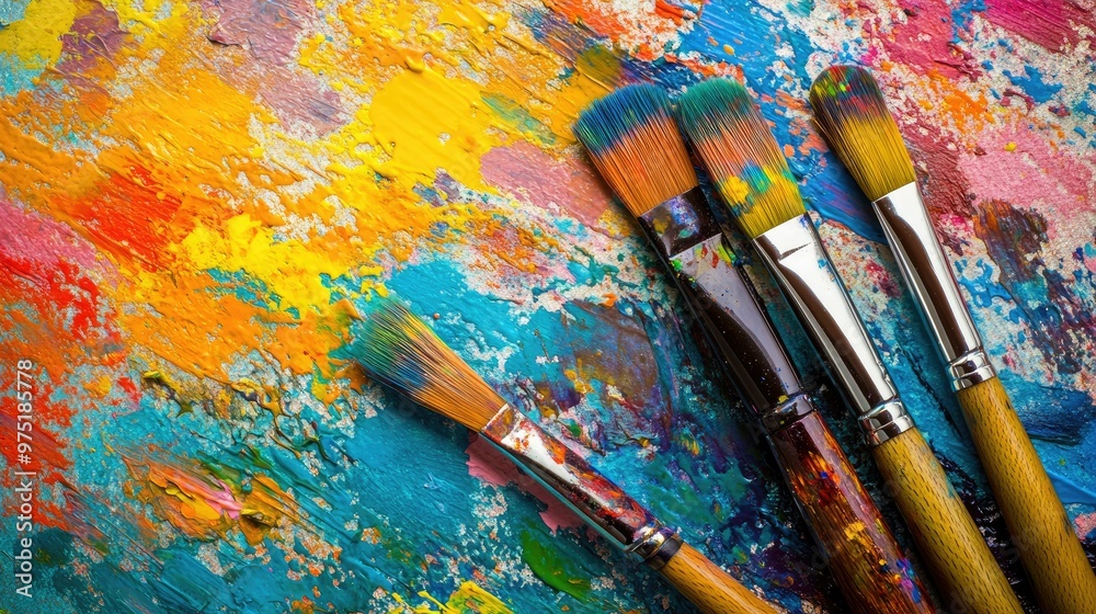 Fototapeta premium Creative studio with vibrant paint splatters art supplies