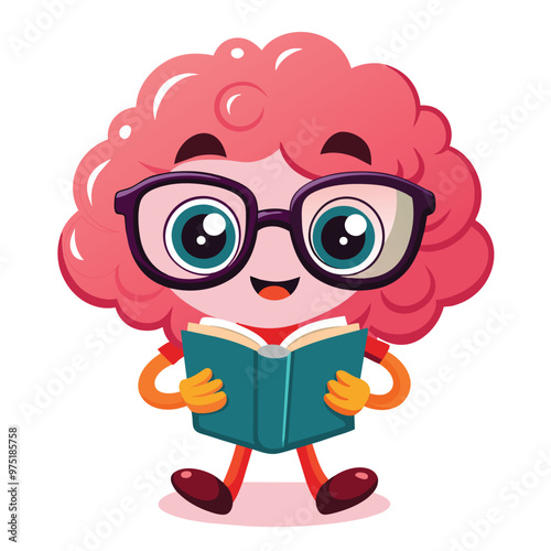 A cheerful cartoon brain with glasses enjoys reading a book embodying intelligence and curiosity in a vibrant and friendly way
