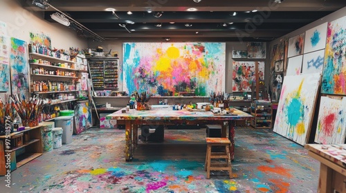 Creative studio with vibrant paint splatters art supplies 