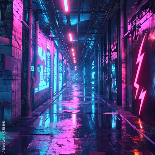 Neon Alley with Reflective Surfaces in Urban Setting