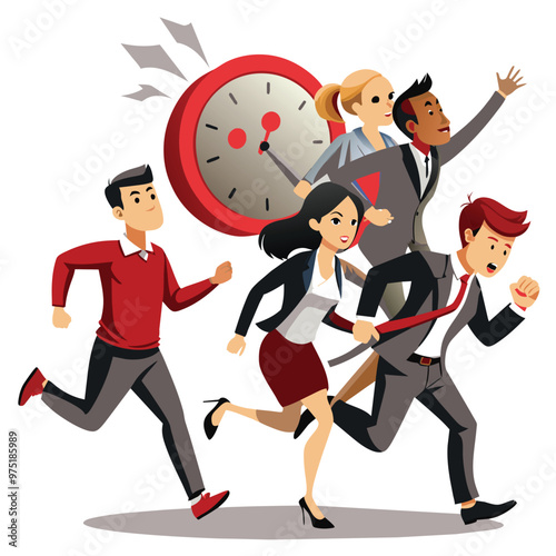 A diverse group of professionals hurries through an office motivated by a looming deadline embodying teamwork and urgency in their actions