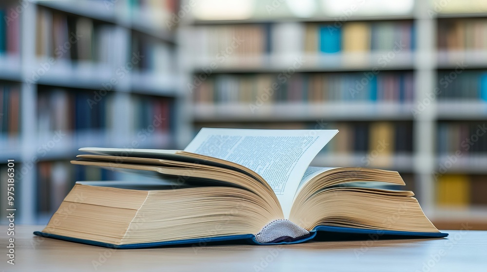 The background of a bright public library room features blurry bookshelves, a stack of books, and an open book on the desk. 