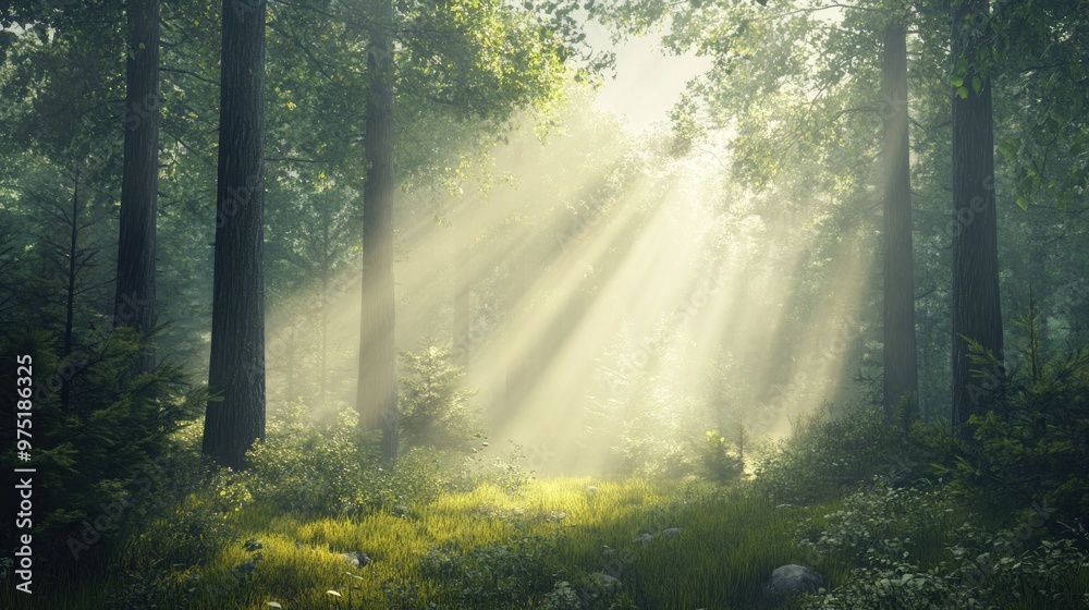 Obraz premium Peaceful forest scene with sunlight filtering through 