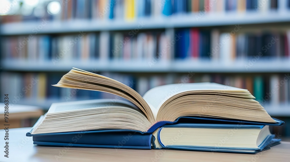 The background of a bright public library room features blurry bookshelves, a stack of books, and an open book on the desk. The background of a bright public library room features blurry bookshelves, a stack of books, and an open book on the desk.