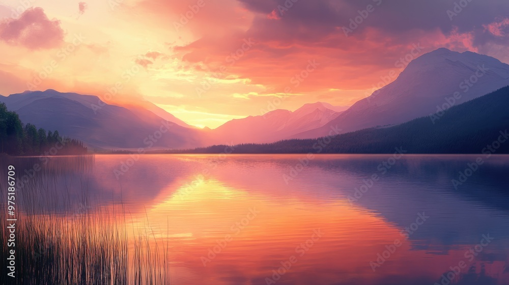 Sunset over a tranquil lake with mountains in the background warm colors and soft reflections Sunset over a tranquil lake with mountains in the background warm colors and soft reflections