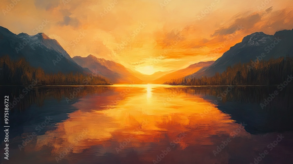 Fototapeta premium Sunset over a tranquil lake with mountains in the background warm colors and soft reflections