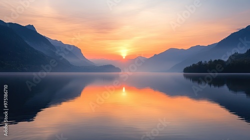 Sunset over a tranquil lake with mountains in the background warm colors and soft reflections