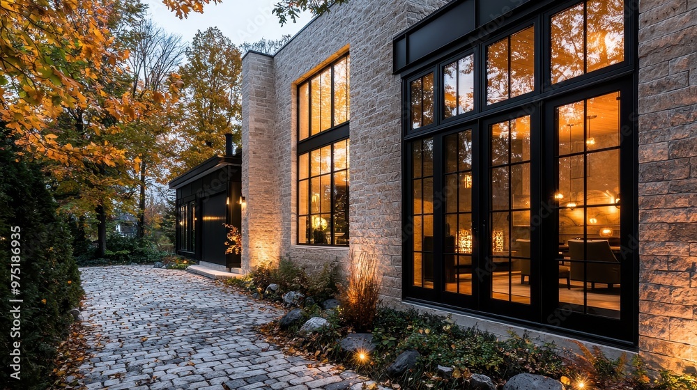 Modern Stone House with Black Windows and Patio Lights at Dusk Modern Stone House with Black Windows and Patio Lights at Dusk