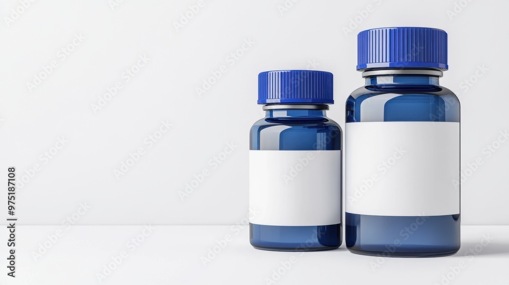 Two blue glass bottles with blank labels, perfect for pharmaceutical or cosmetic product presentation and packaging mockup. Two blue glass bottles with blank labels, perfect for pharmaceutical or cosmetic product presentation and packaging mockup.