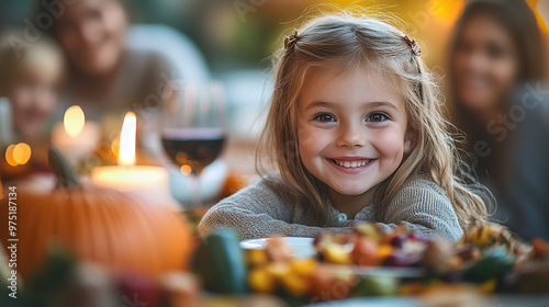 A happy little girl was sitting at the dinner table with her family