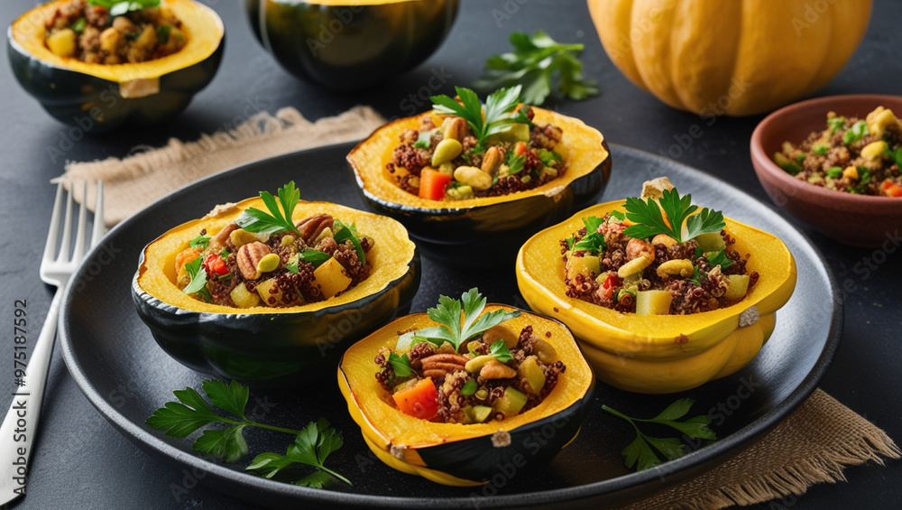Pumpkin container containing meat dishes. Pumpkin container containing meat dishes.