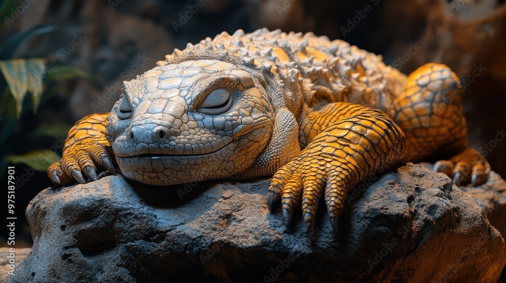 A close-up of a textured, colorful reptile resting on a rock. A close-up of a textured, colorful reptile resting on a rock.