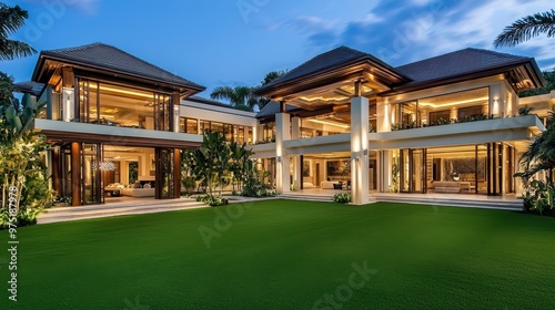 Modern Luxury Villa with Tropical Garden at Twilight