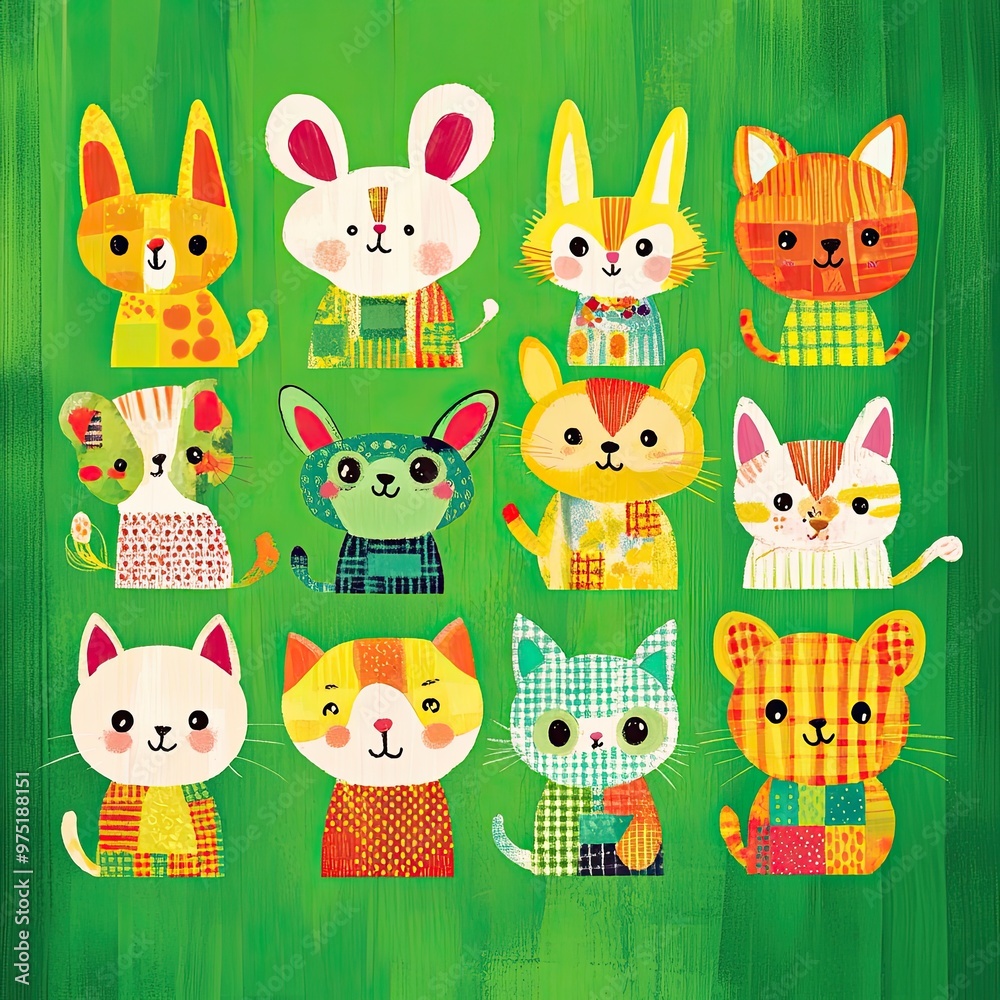 Naklejka premium Colorful Cartoon Animals on Green Background