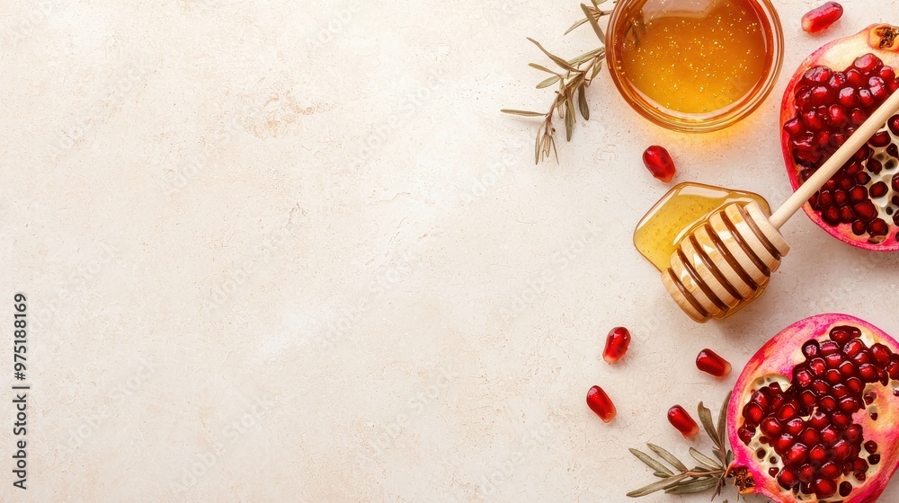 Pomegranate and Honey Background with Copy Space Pomegranate and Honey Background with Copy Space