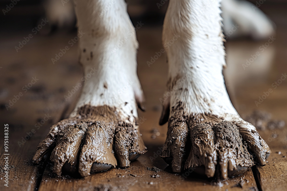 close-up of dog's paws all muddy with mud around them on a hard wood floor close-up of dog's paws all muddy with mud around them on a hard wood floor