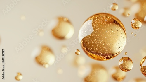 Golden liquid bubbles floating against a light background, creating an abstract and surreal effect. Ideal for use in design and advertising. photo