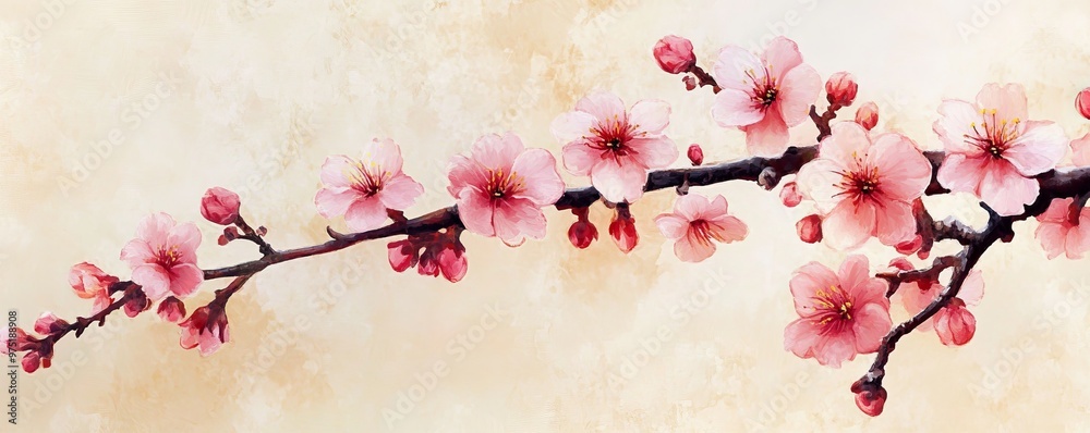 Cherry blossom branch with pink flowers on an artistic background. Nature and spring concept Cherry blossom branch with pink flowers on an artistic background. Nature and spring concept