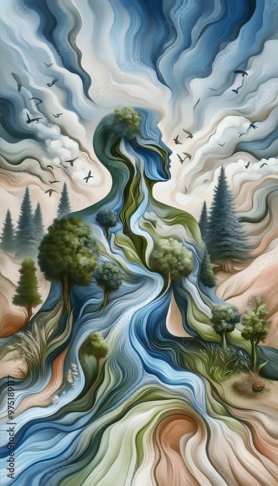 Obraz premium an ethereal artwork where a human figure is seamlessly merged with elements of nature