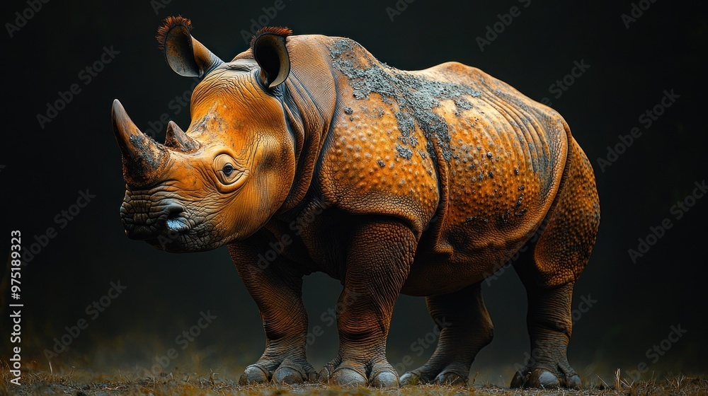 A striking rhinoceros with textured skin in a dramatic setting. A striking rhinoceros with textured skin in a dramatic setting.