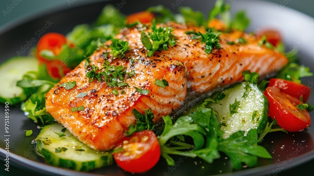 Grilled Salmon Salad with Cherry Tomatoes and Cucumber Grilled Salmon Salad with Cherry Tomatoes and Cucumber