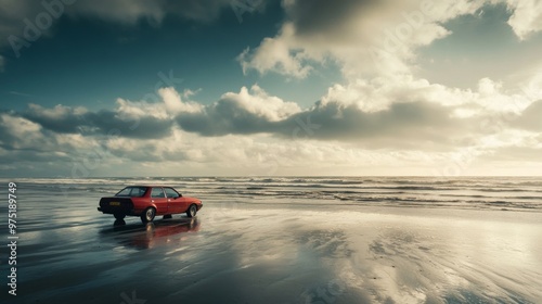 A red car parked on a sandy beach with a cloudy sky and waves in the background.