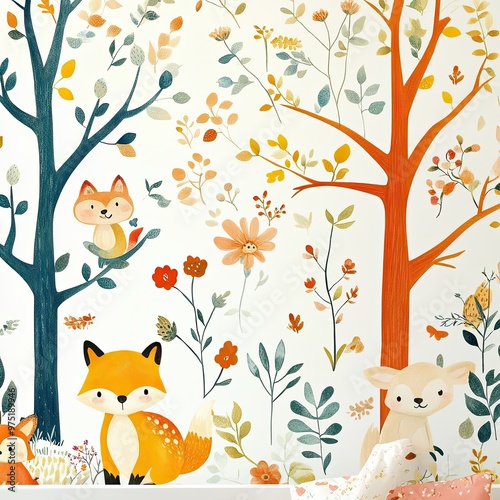 Colorful Woodland Animals and Floral Wall Art for Kids