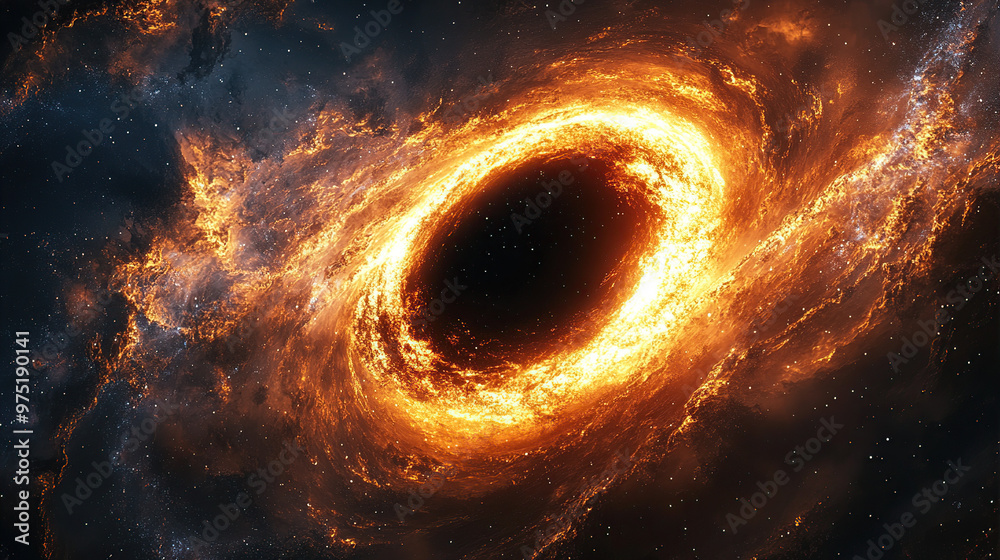A black hole at the center of space, swirling cosmic dust and gas around it, vibrant orange and yellow colors, dramatic lighting A black hole at the center of space, swirling cosmic dust and gas around it, vibrant orange and yellow colors, dramatic lighting