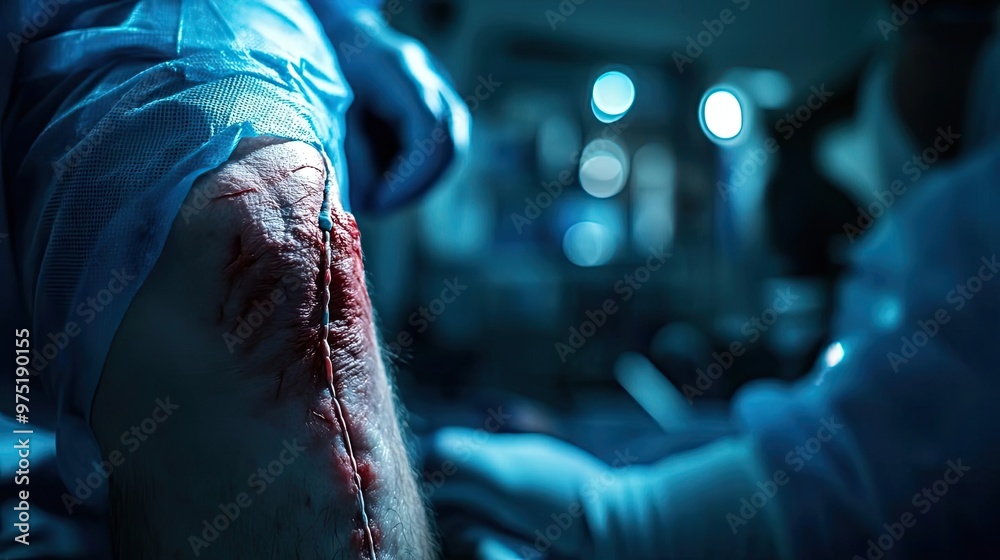 A close-up view of a stitched wound on a leg, showcasing a surgical procedure in a clinical environment. A close-up view of a stitched wound on a leg, showcasing a surgical procedure in a clinical environment.